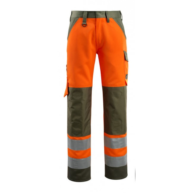 Trousers with kneepad pockets hi-vis orange/moss green