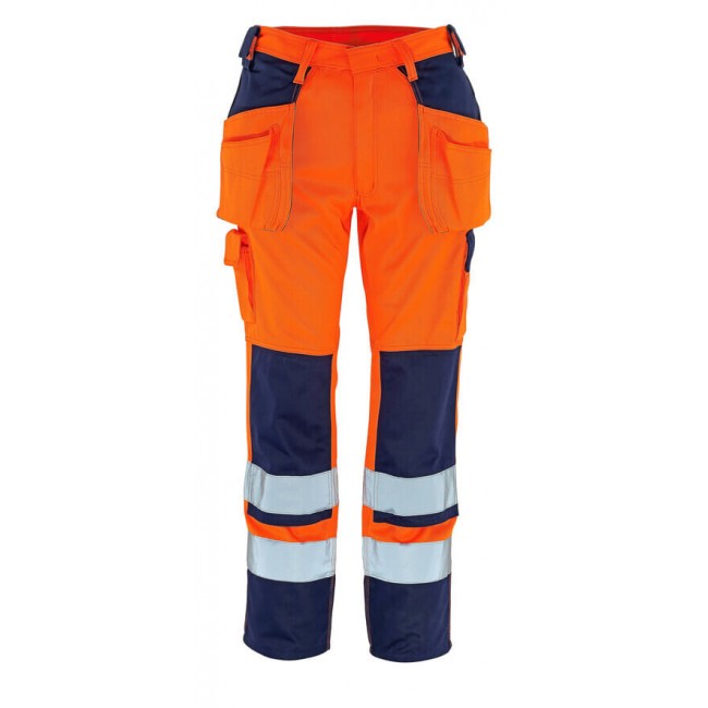 Trousers with kneepad pockets and holster pockets  hi-vis orange/navy